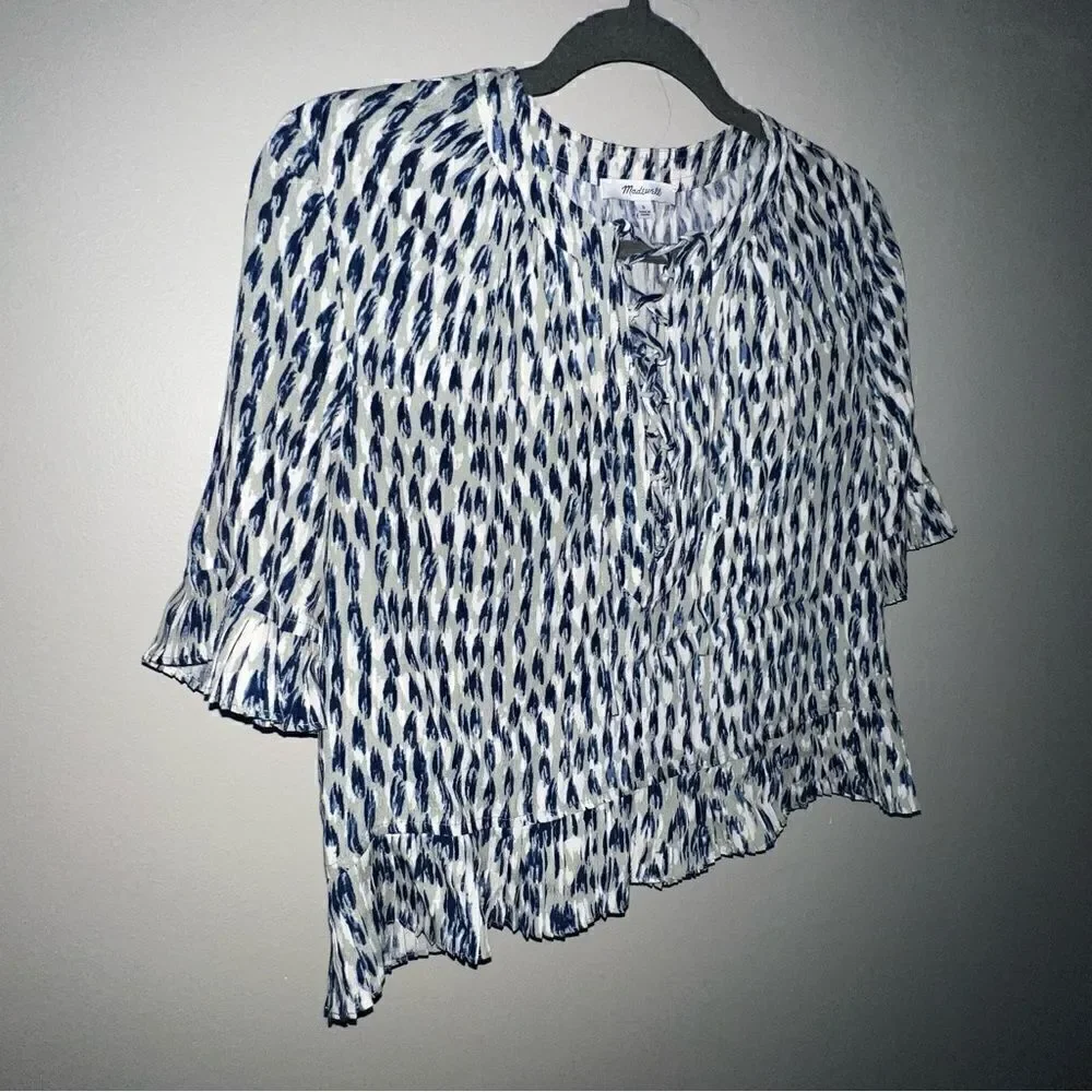Madewell Sunpleat Lace-Up Top w/Painted Feathers - Sz S